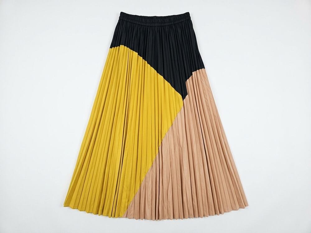 Ulla Johnson 4 Micro Pleated Maxi Davina Skirt Color Block Boho Yellow Black